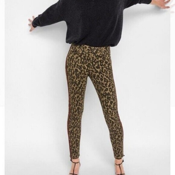 🌞ZARA Woman Leopard Premium Jeans Animal Print Skinny Red Velvet Stripe - Picture 6 of 12